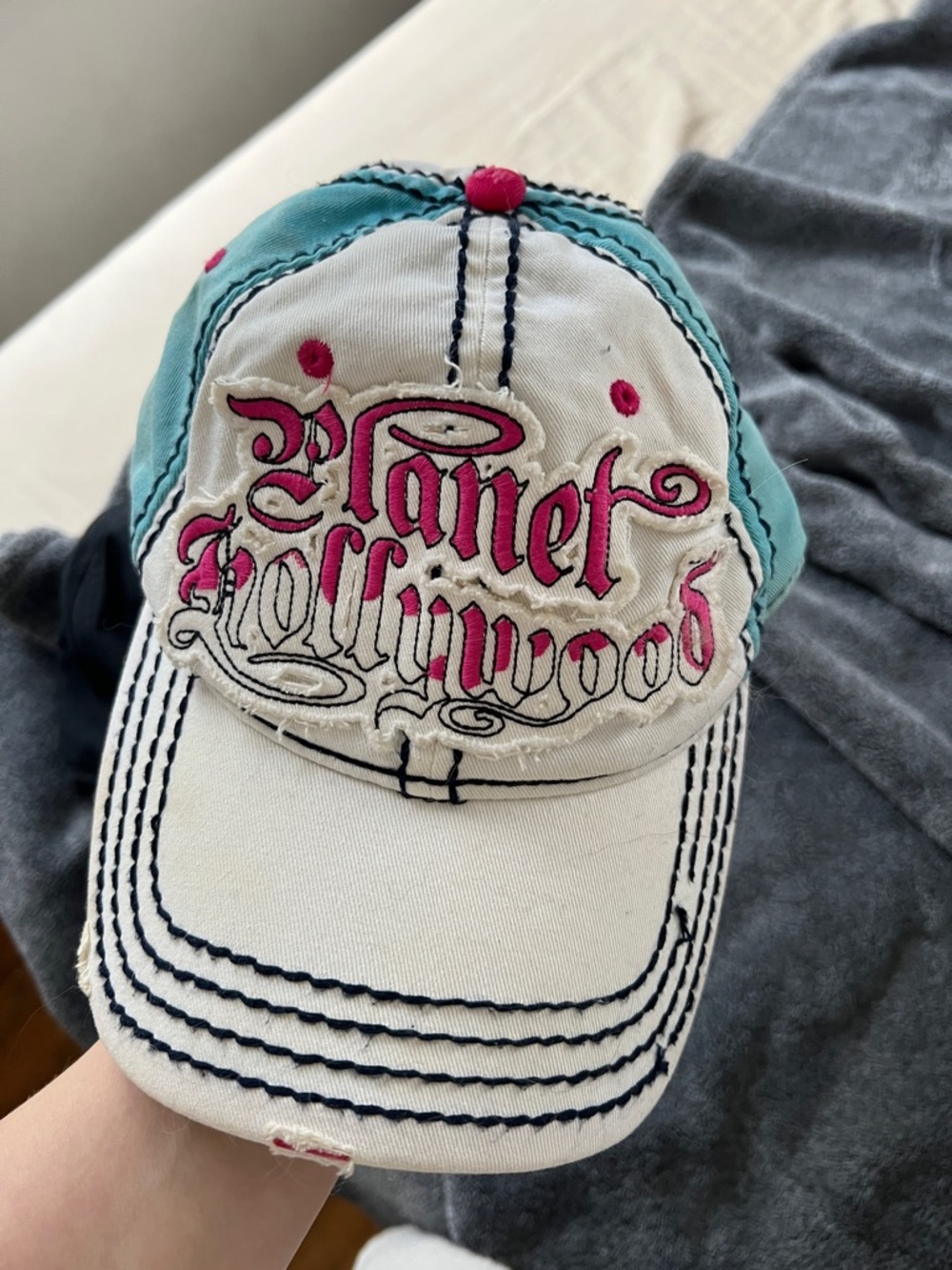 Planet Hollywood Embroidered Logo Baseball Cap - White & Teal with Pink Accents